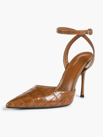 Women's Leather 4.13 INCH High-Heel Stiletto Pointed Toe Slingback Stiletto Heels for Elegant Scene YISHIFAN