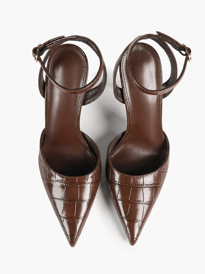 Women's Leather 4.13 INCH High-Heel Stiletto Pointed Toe Slingback Stiletto Heels for Elegant Scene YISHIFAN