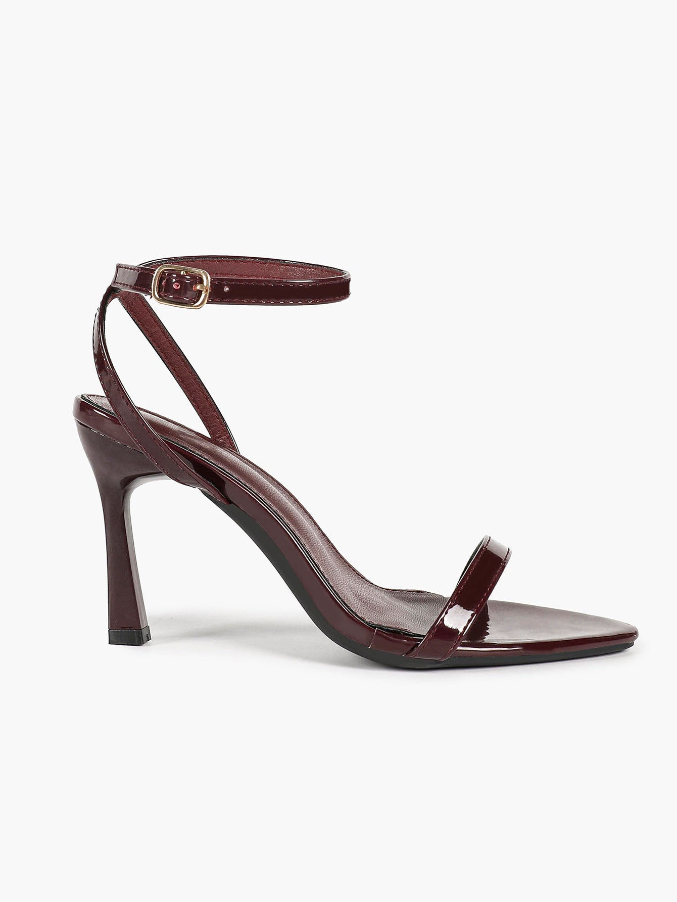 Black Patent Single Strap Stiletto Sandals Pointed Open Toe Ankle Buckle Heels Elegant Minimalist Shoes