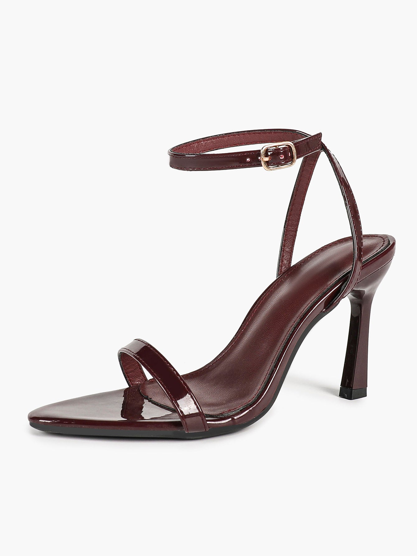 Black Patent Single Strap Stiletto Sandals Pointed Open Toe Ankle Buckle Heels Elegant Minimalist Shoes