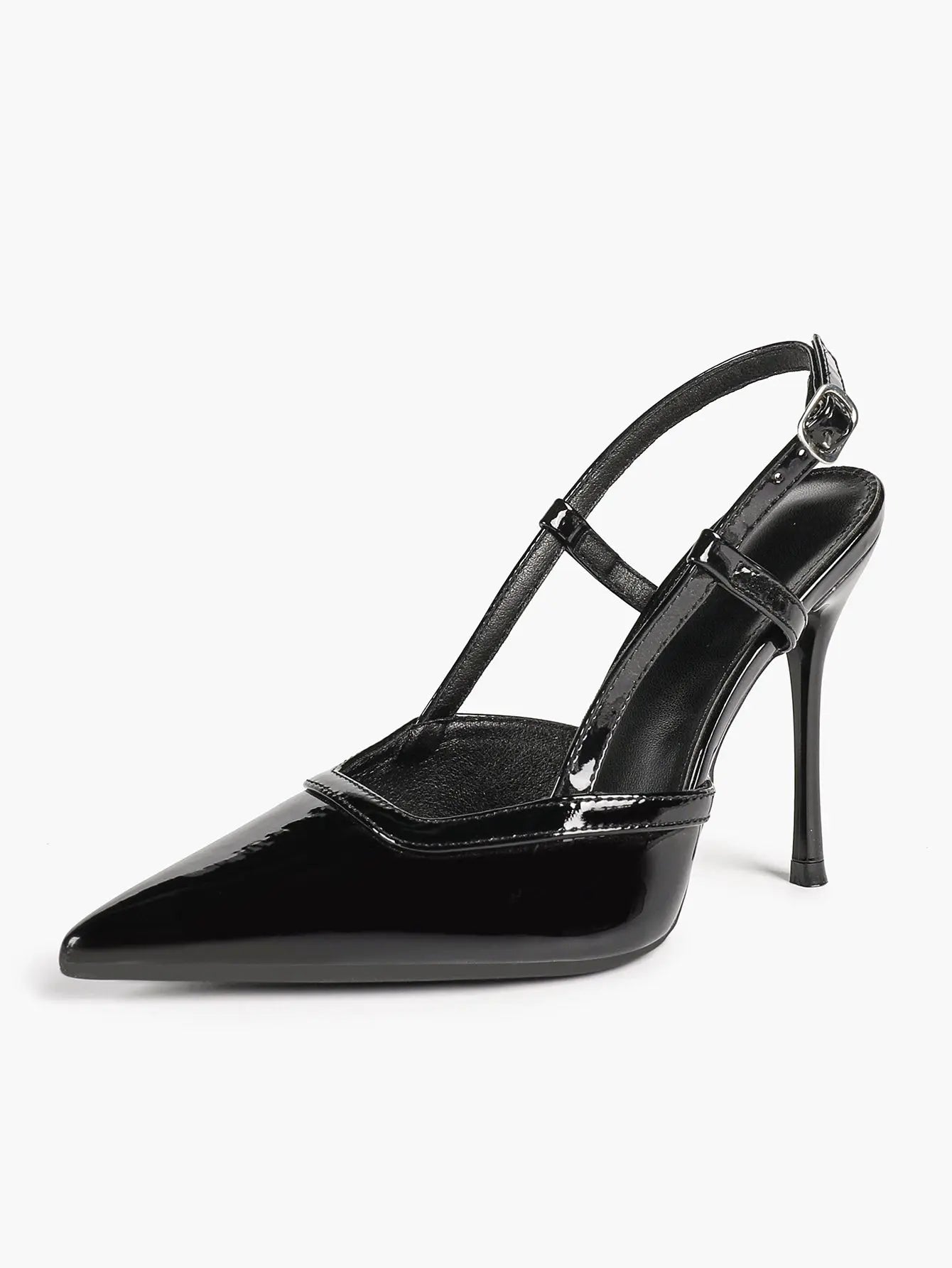 Women's Patent Leather Pointed-Toe Slingback Stiletto Heels with Adjustable Ankle Buckle YISHIFAN
