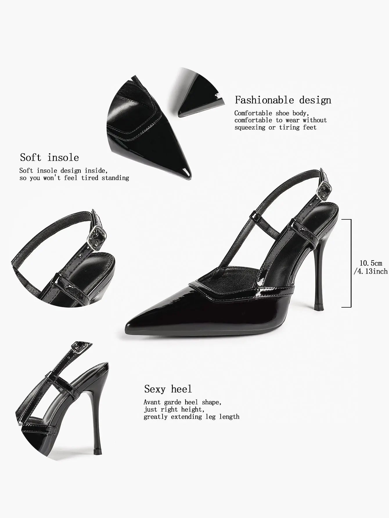 Women's Patent Leather Pointed-Toe Slingback Stiletto Heels with Adjustable Ankle Buckle YISHIFAN