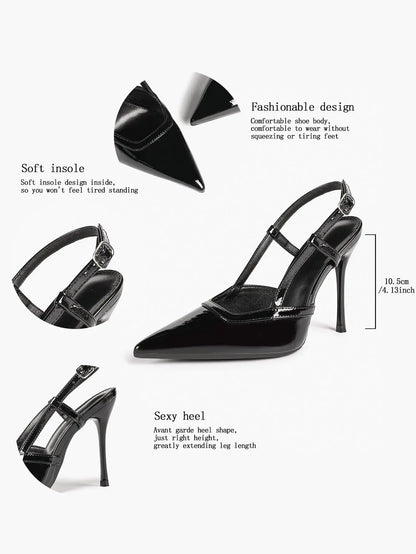 Women's Patent Leather Pointed-Toe Slingback Stiletto Heels with Adjustable Ankle Buckle YISHIFAN