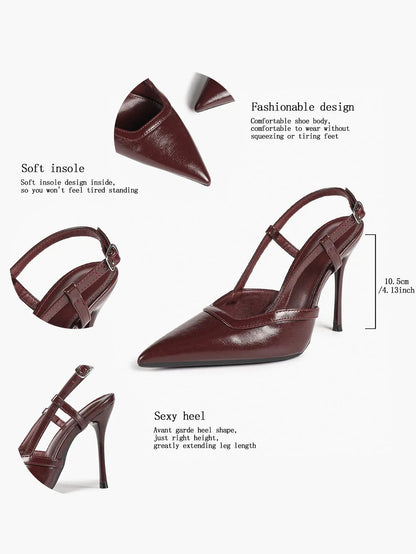 Women's Patent Leather Pointed-Toe Slingback Stiletto Heels with Adjustable Ankle Buckle YISHIFAN