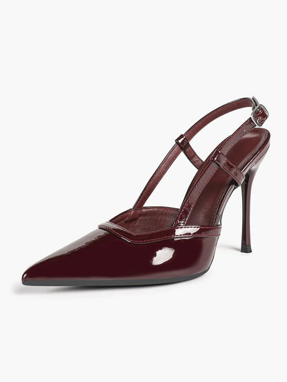 Women's Patent Leather Pointed-Toe Slingback Stiletto Heels with Adjustable Ankle Buckle YISHIFAN