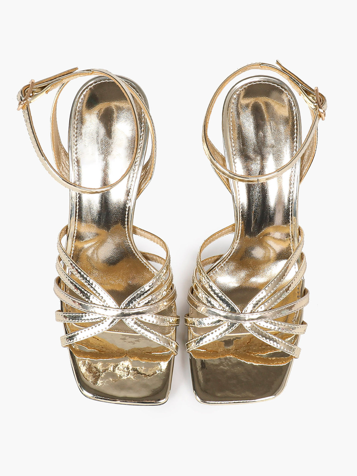 Champagne Gold Woven Stiletto Sandals – Square Toe Ankle Strap Heels - YISHIFAN
