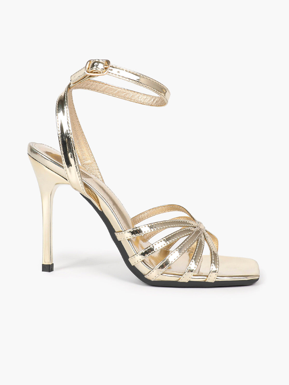 Champagne Gold Woven Stiletto Sandals – Square Toe Ankle Strap Heels - YISHIFAN