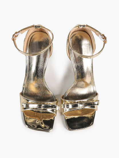Metallic Gold Square Toe Bow Stiletto Sandals Chic Essential for Party Prom - YISHIFAN