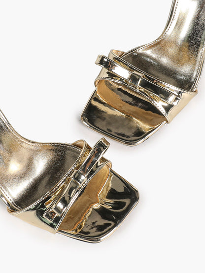Metallic Gold Square Toe Bow Stiletto Sandals Chic Essential for Party Prom - YISHIFAN