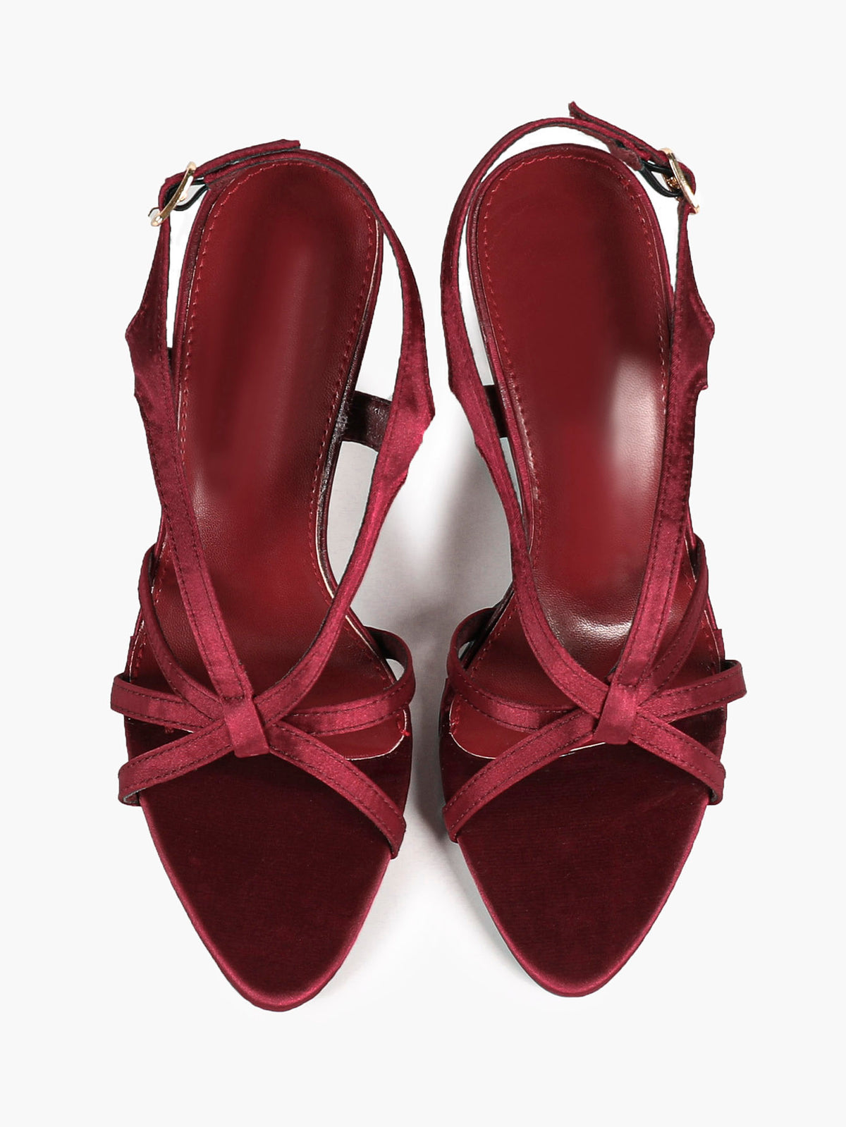 Burgundy satin slingback sandals – top view pair shot