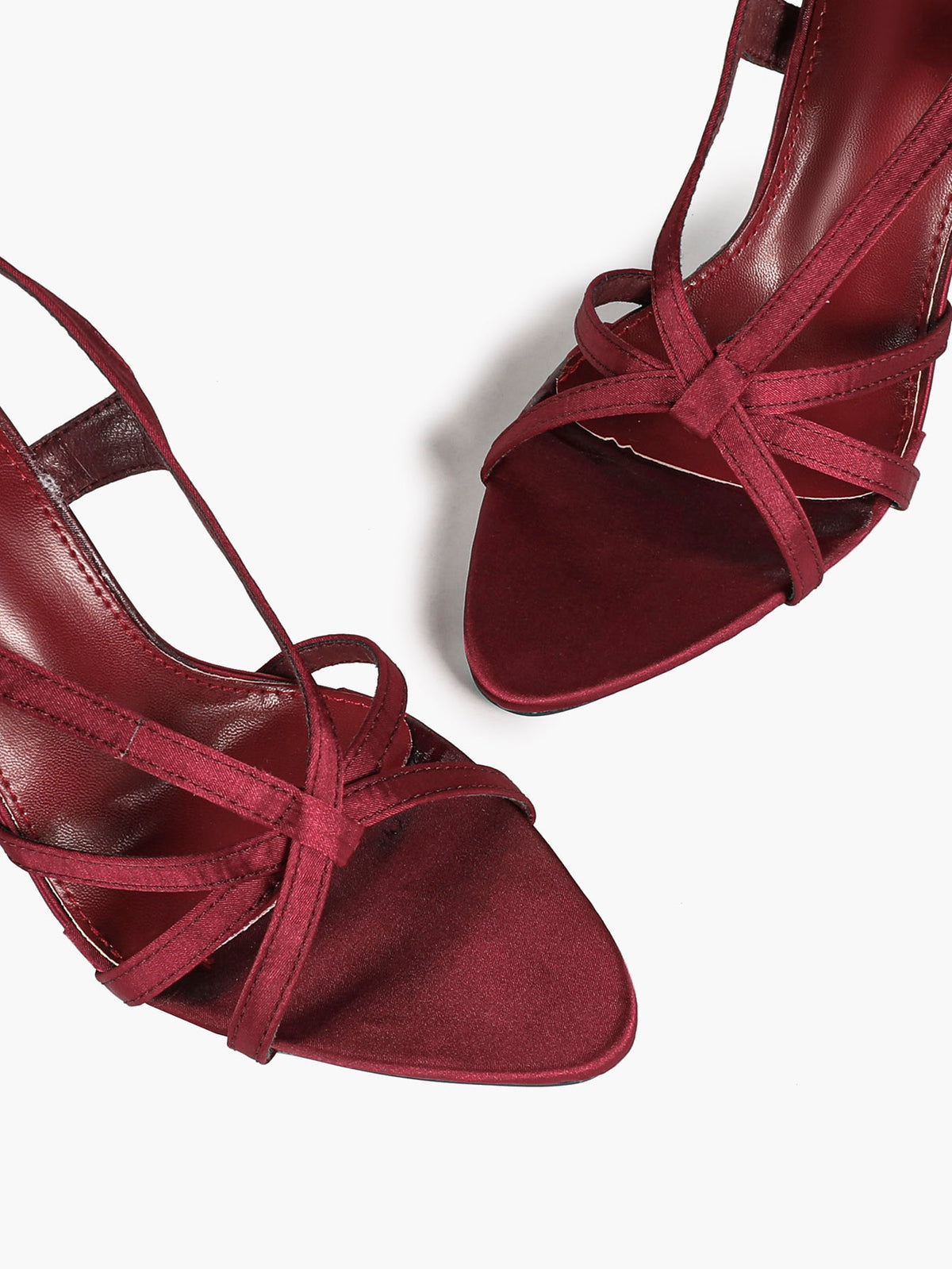 Burgundy satin slingback sandals – angled view pair shot