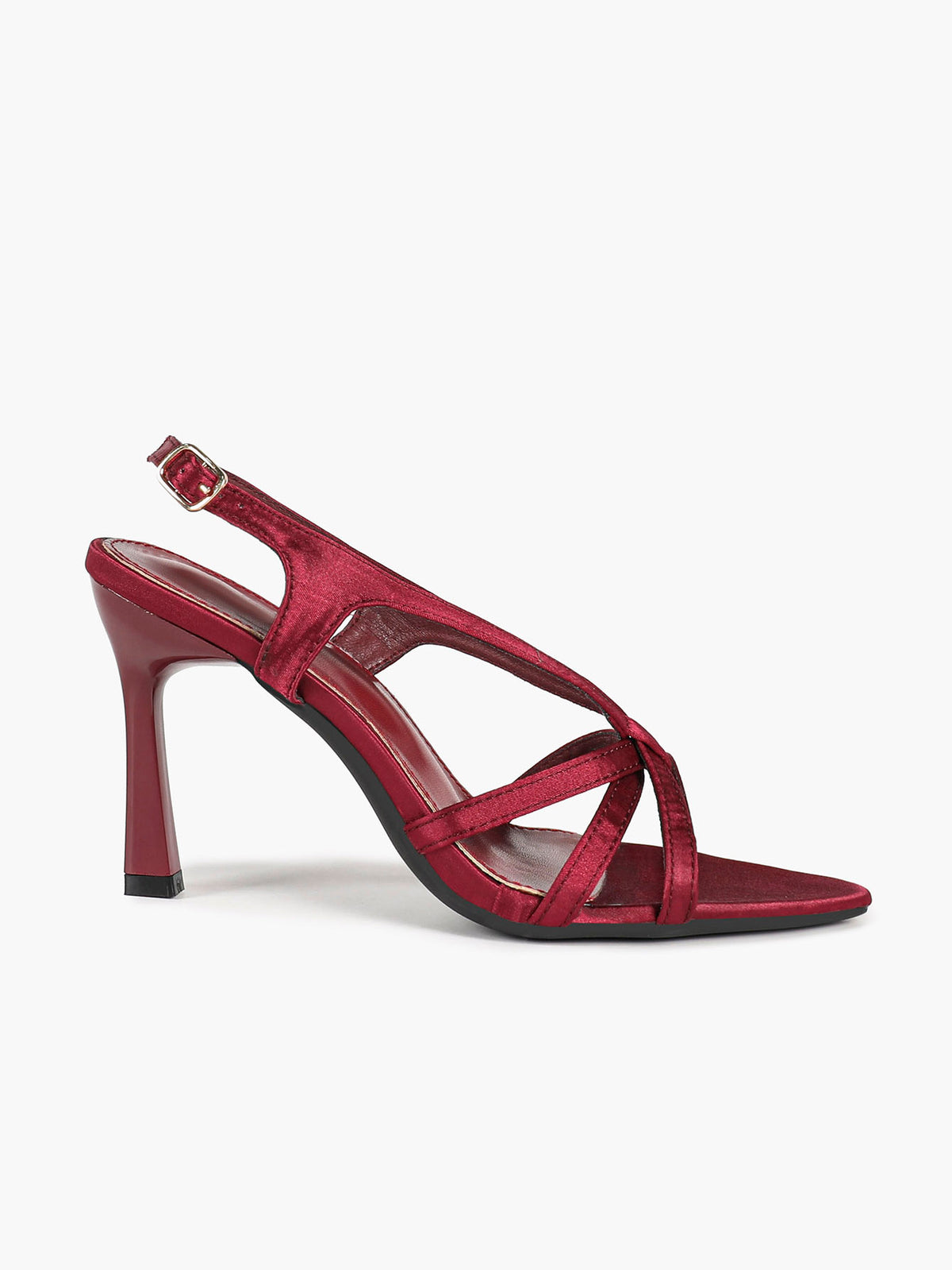 Burgundy satin stiletto sandals – stiletto heel close-up
