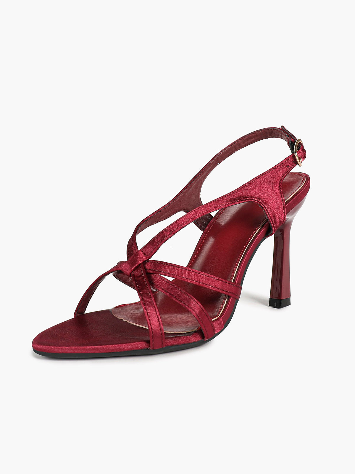 Burgundy satin slingback sandals cross-strap – hero shot