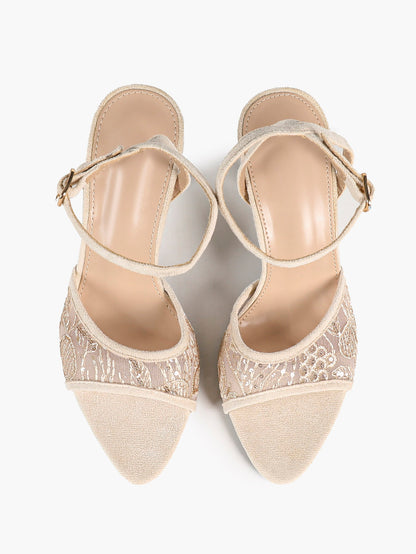 Cream Suede & Sequin Strap Heels – Ankle Buckle Stilettos for Date Night - YISHIFAN