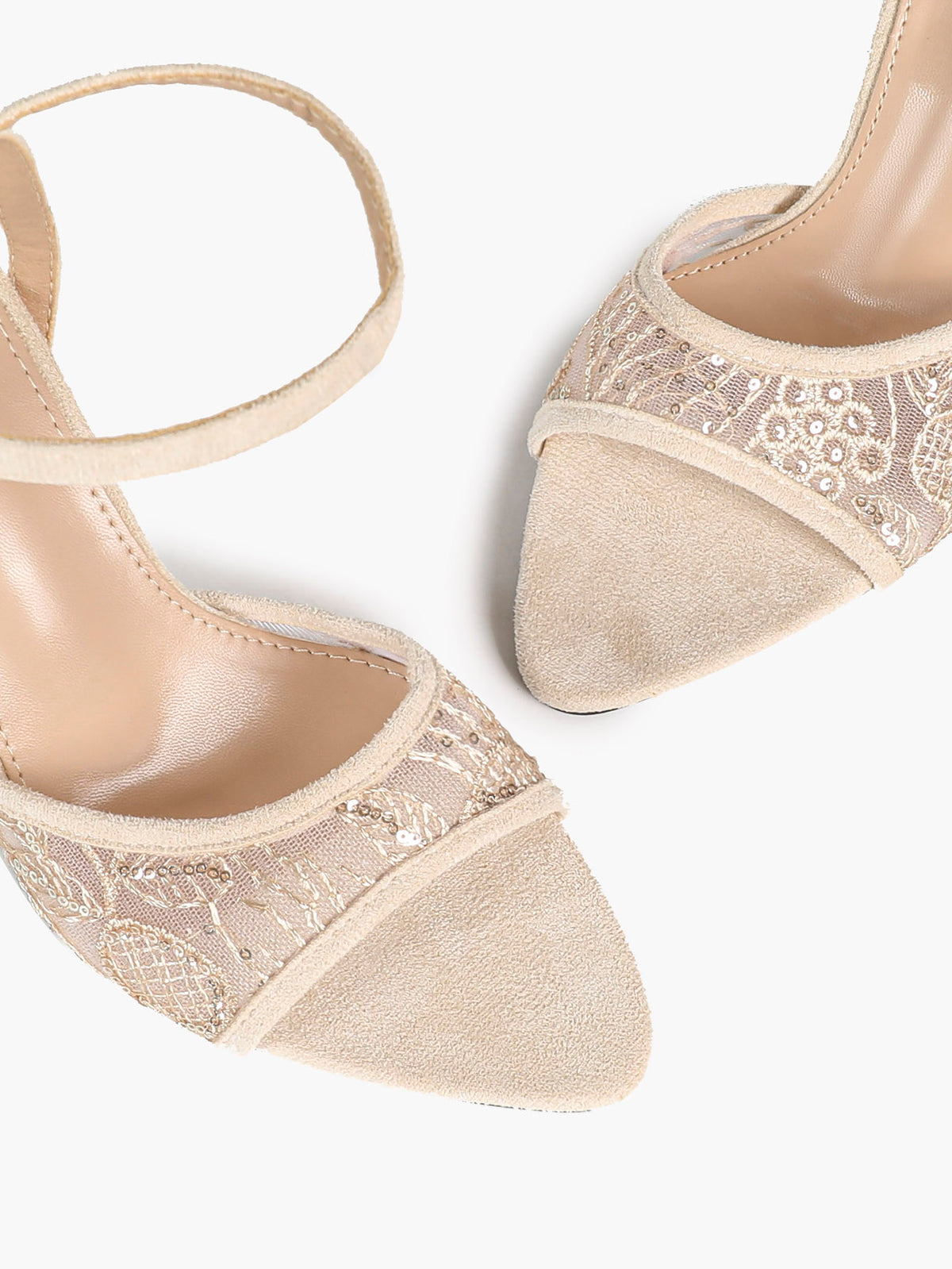 Cream Suede & Sequin Strap Heels – Ankle Buckle Stilettos for Date Night - YISHIFAN