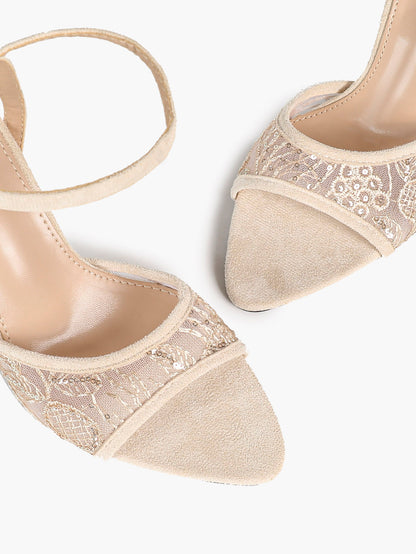 Cream Suede & Sequin Strap Heels – Ankle Buckle Stilettos for Date Night - YISHIFAN