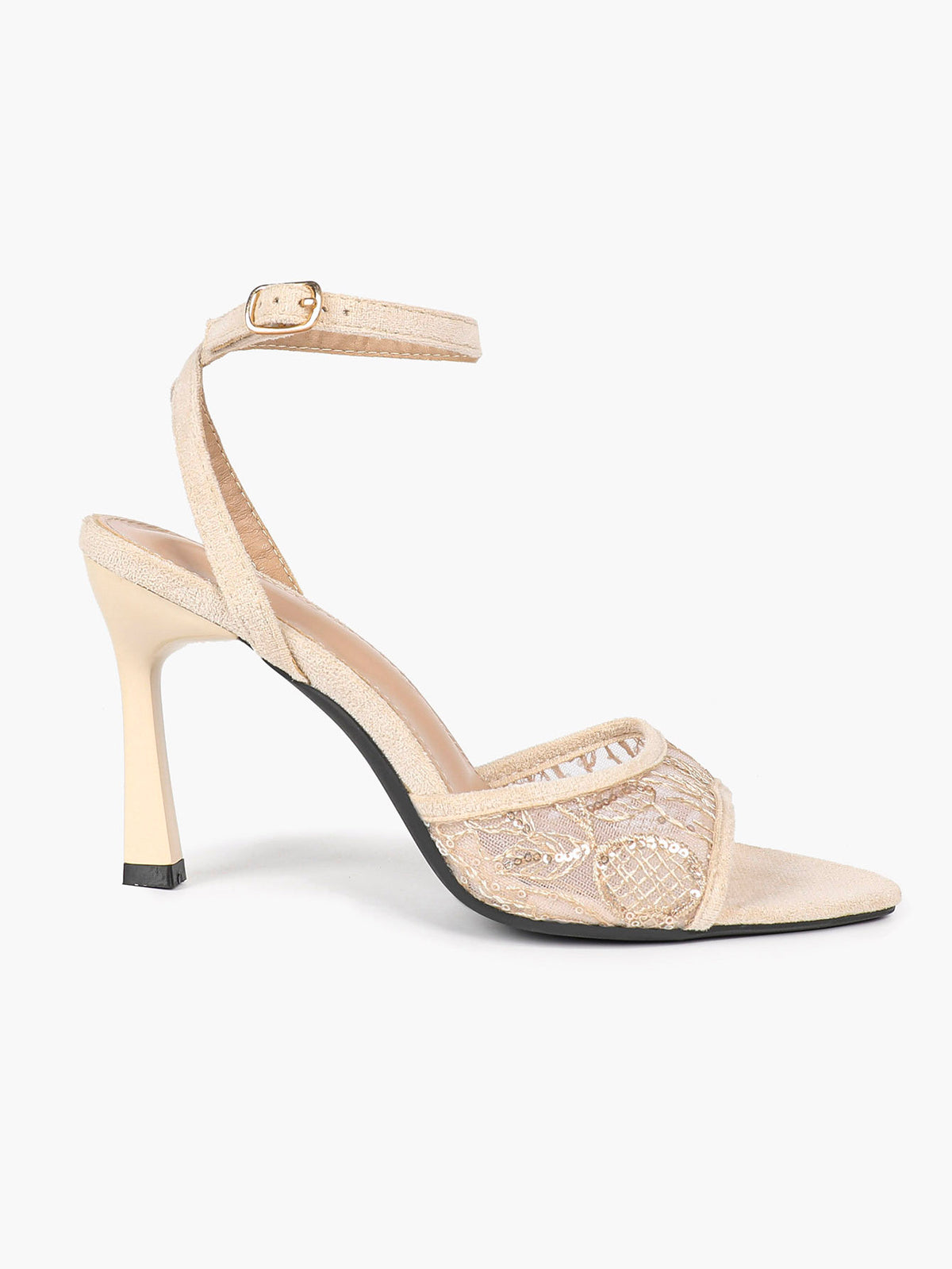 Cream Suede & Sequin Strap Heels – Ankle Buckle Stilettos for Date Night - YISHIFAN