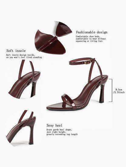 Black Patent Single Strap Stiletto Sandals Pointed Open Toe Ankle Buckle Heels Elegant Minimalist Shoes