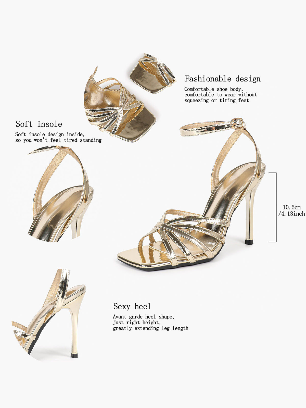 Champagne Gold Woven Stiletto Sandals – Square Toe Ankle Strap Heels - YISHIFAN