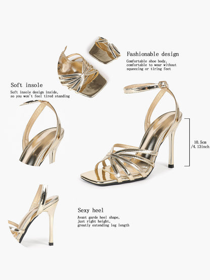 Champagne Gold Woven Stiletto Sandals – Square Toe Ankle Strap Heels - YISHIFAN