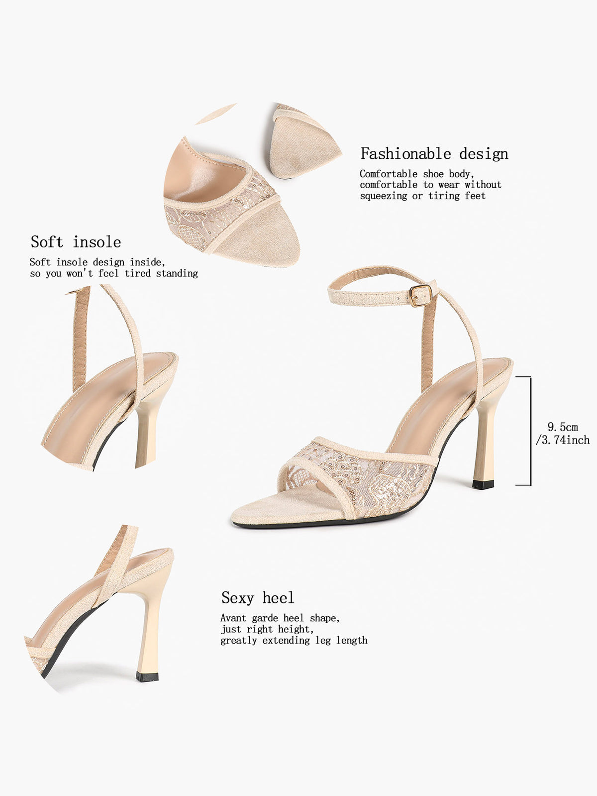 Cream Suede & Sequin Strap Heels – Ankle Buckle Stilettos for Date Night - YISHIFAN