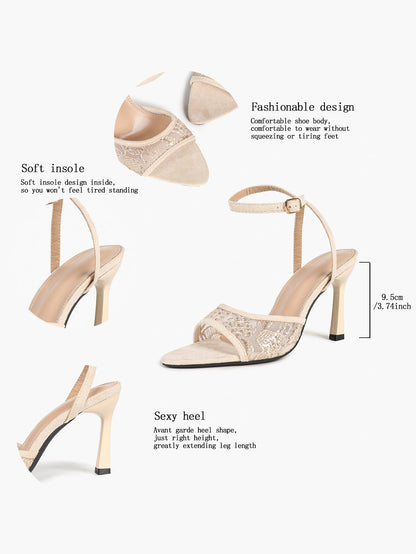 Cream Suede & Sequin Strap Heels – Ankle Buckle Stilettos for Date Night - YISHIFAN