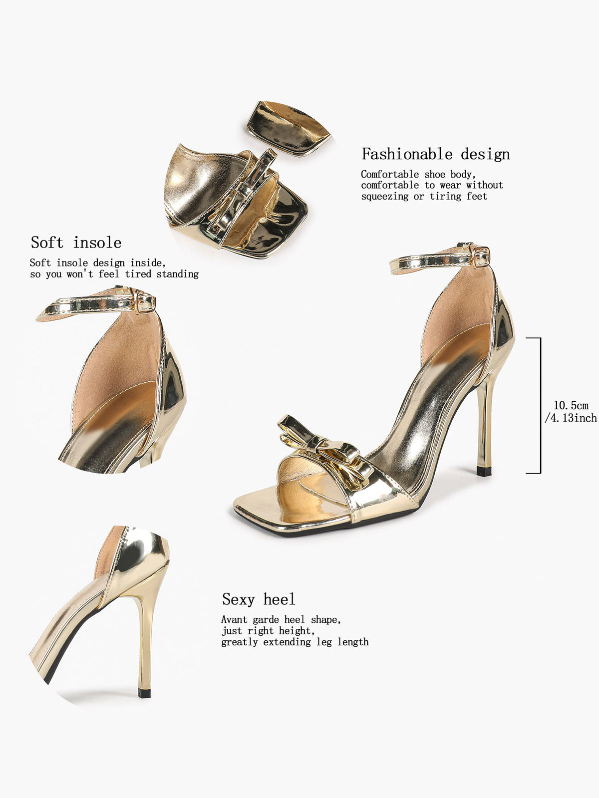 Metallic Gold Square Toe Bow Stiletto Sandals Chic Essential for Party Prom - YISHIFAN