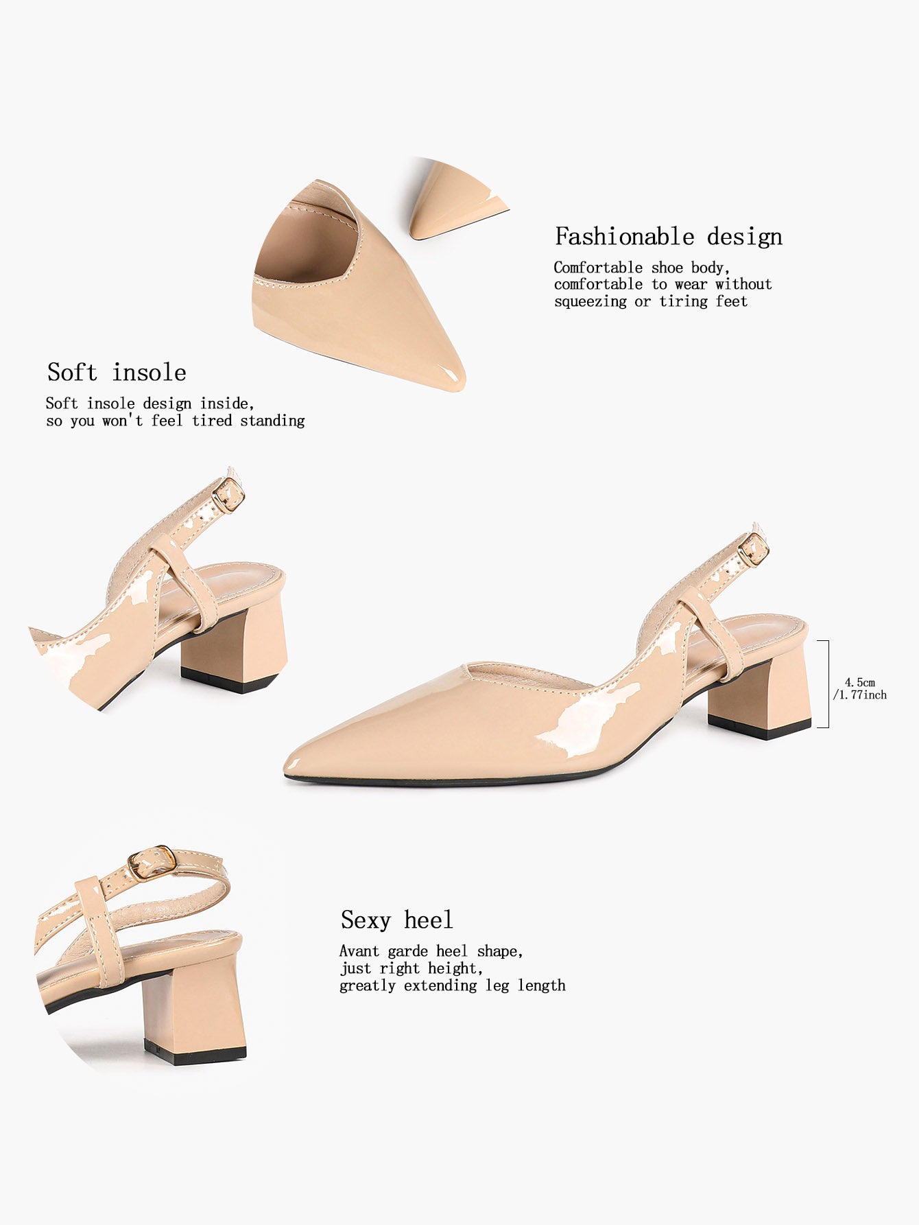 Nude Patent Slingback Heels with Pointed Toe and Comfortable Block Heel
