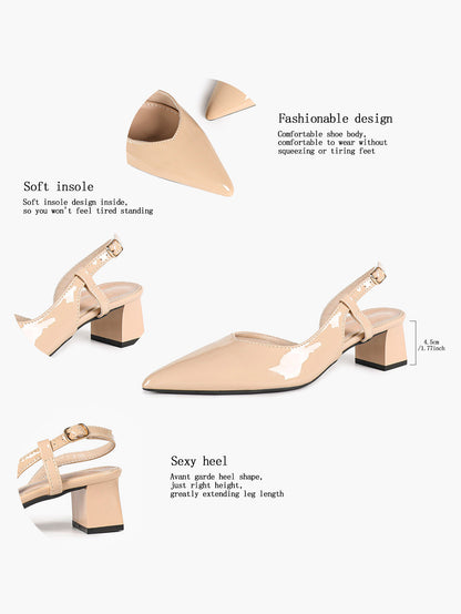 Nude Patent Slingback Heels with Pointed Toe and Comfortable Block Heel