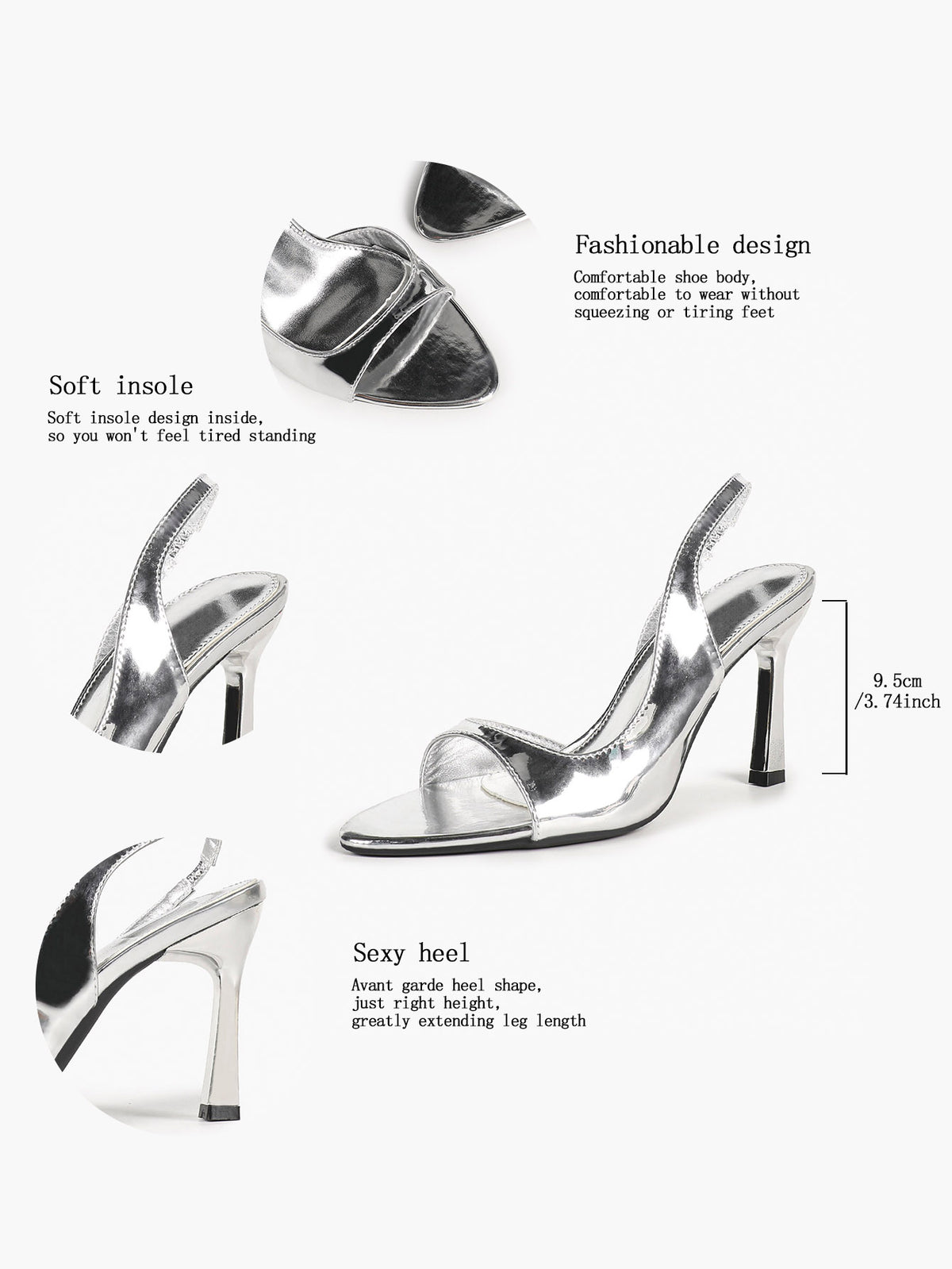 Silver slingback sandals features – soft insole and 9.5cm heel guide