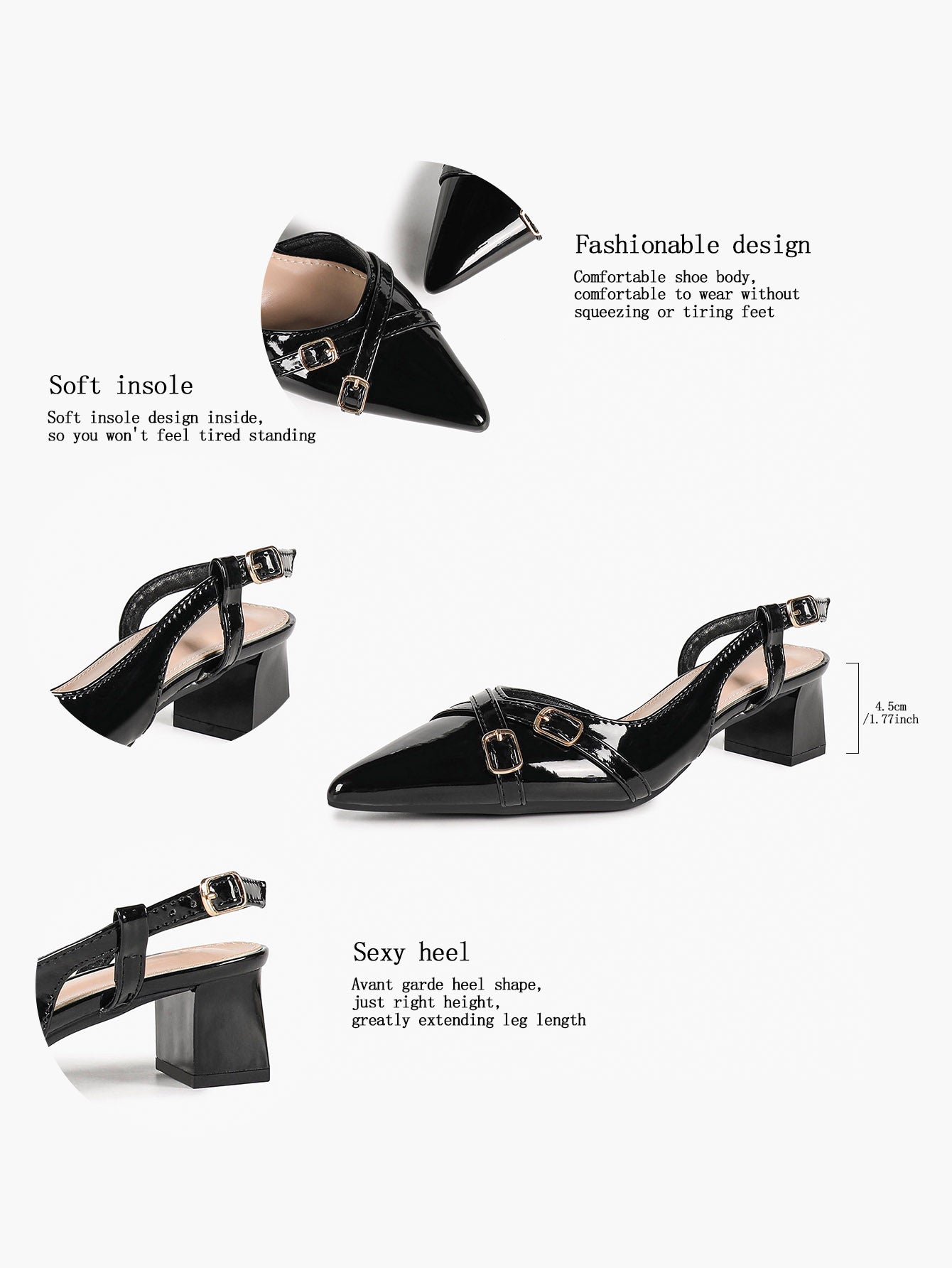 Black Patent Slingback Pumps with Cross-Strap Gold Buckles and Block Heel