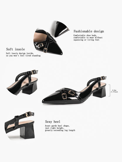 Black Patent Slingback Pumps with Cross-Strap Gold Buckles and Block Heel