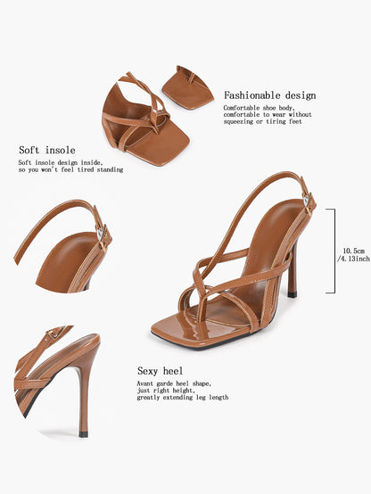Caramel Slingback Heels Square Toe Stiletto Sandals Sexy Stylish for Date Party Business - YISHIFAN