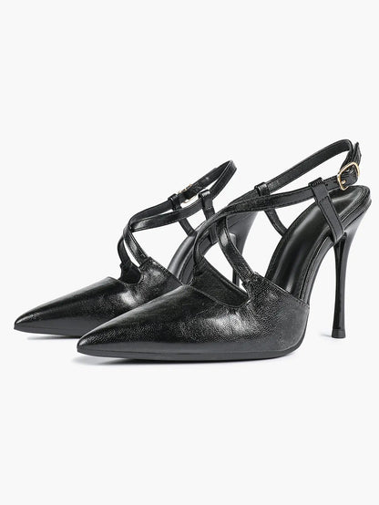 Women's Black High-Heel Sandals Pointed Toe Cross Ankle Strap Stiletto Heels Wedding Party Dress Shoes YISHIFAN