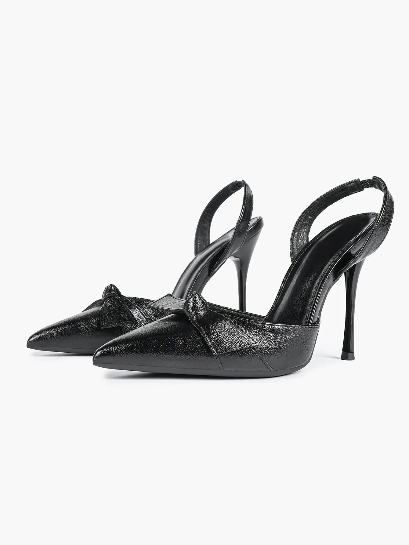 Women's Black Leather High-Heel Sandals Bowknot Pointed Toe Slingback Stiletto Heels YISHIFAN