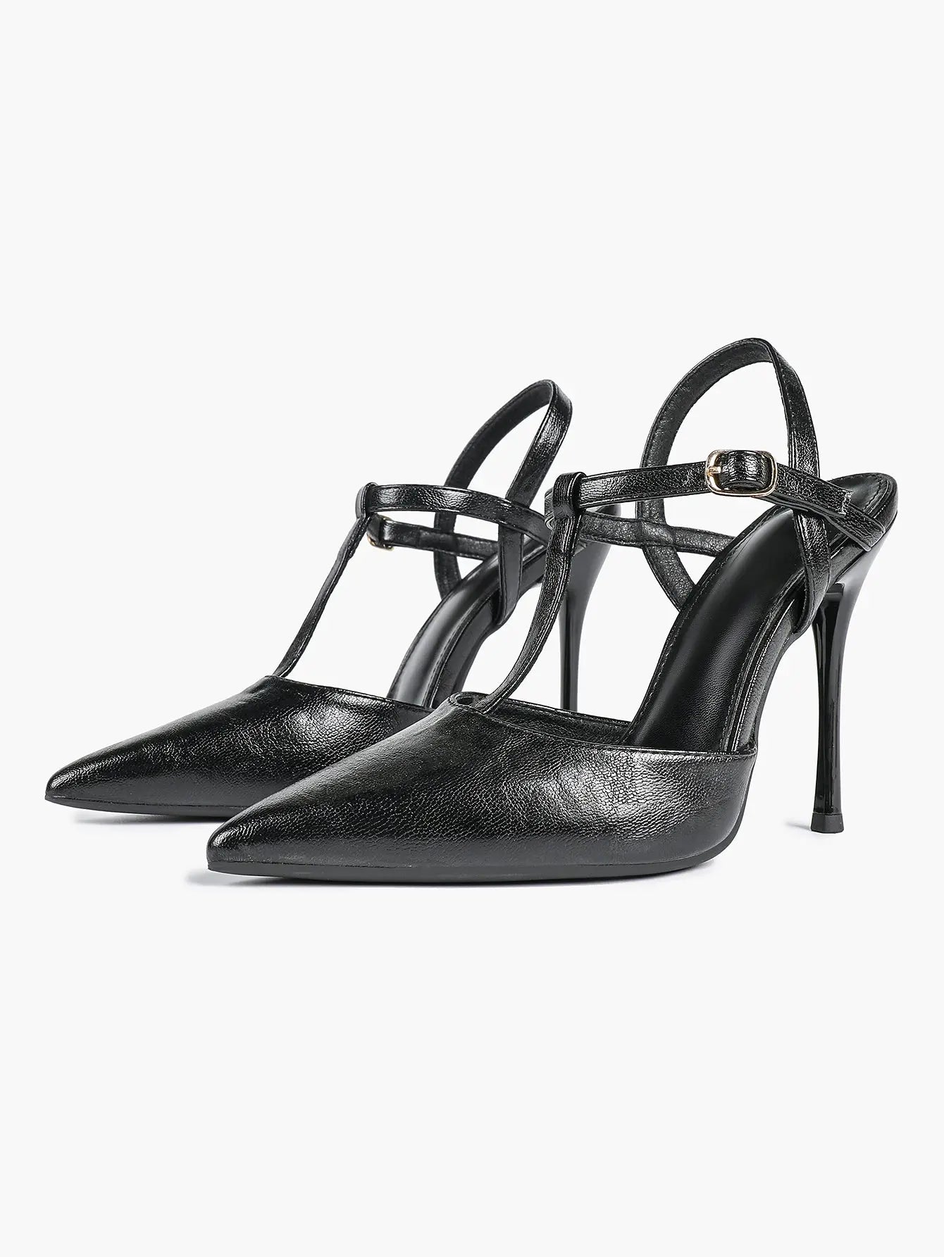 Women's Black Leather T-Strap Stiletto Sandals Pointed Toe 4.13 Inch for Party Office Shoes YISHIFAN