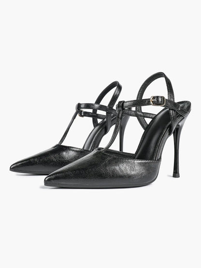 Women's Black Leather T-Strap Stiletto Sandals Pointed Toe 4.13 Inch for Party Office Shoes YISHIFAN
