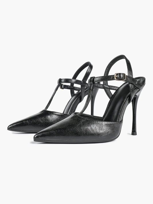 Women's Black Leather T-Strap Stiletto Sandals Pointed Toe 4.13 Inch for Party Office Shoes YISHIFAN
