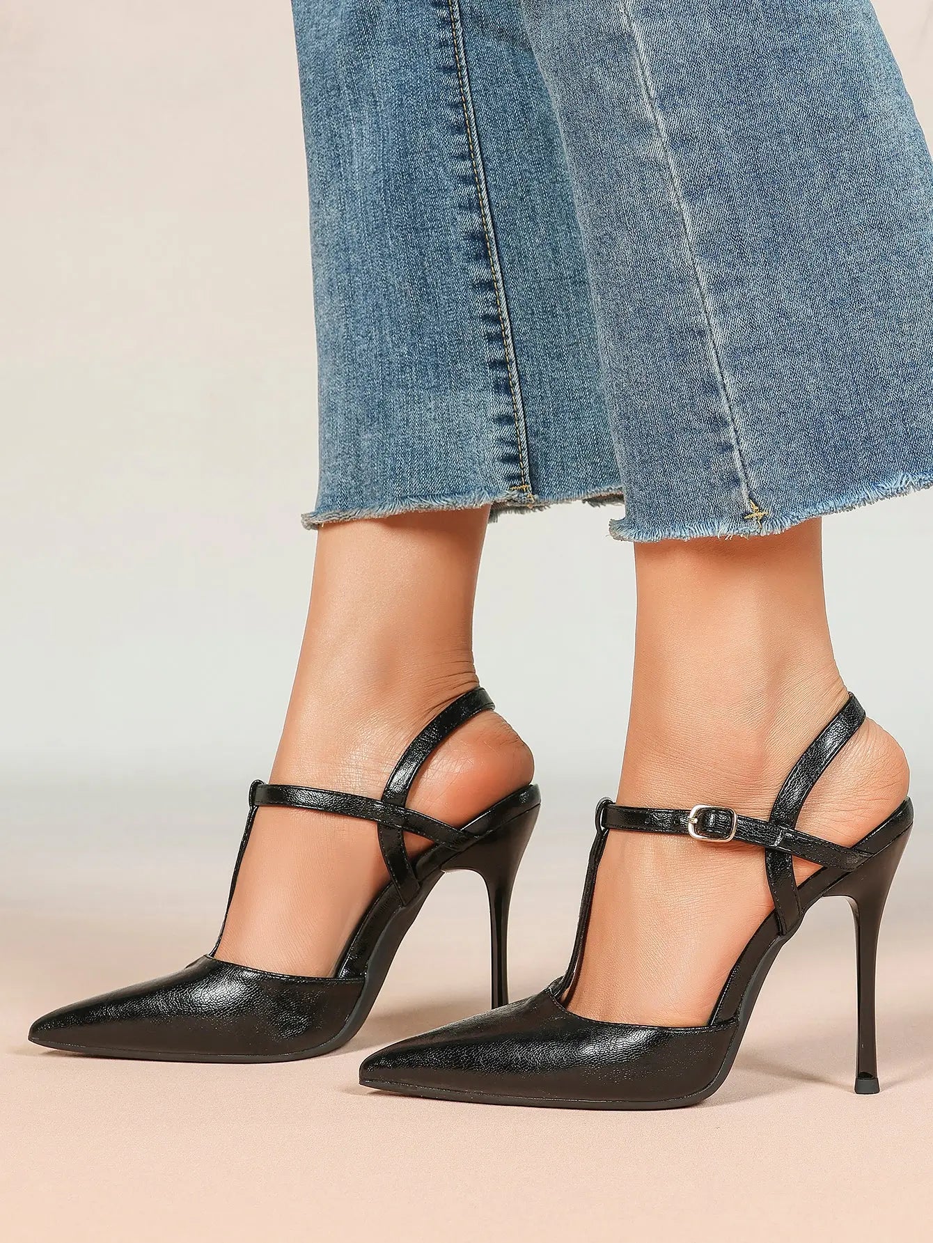 Women's Black Leather T-Strap Stiletto Sandals Pointed Toe 4.13 Inch for Party Office Shoes YISHIFAN