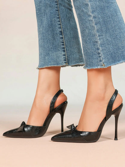 Women's Black Leather High-Heel Sandals Bowknot Pointed Toe Slingback Stiletto Heels YISHIFAN