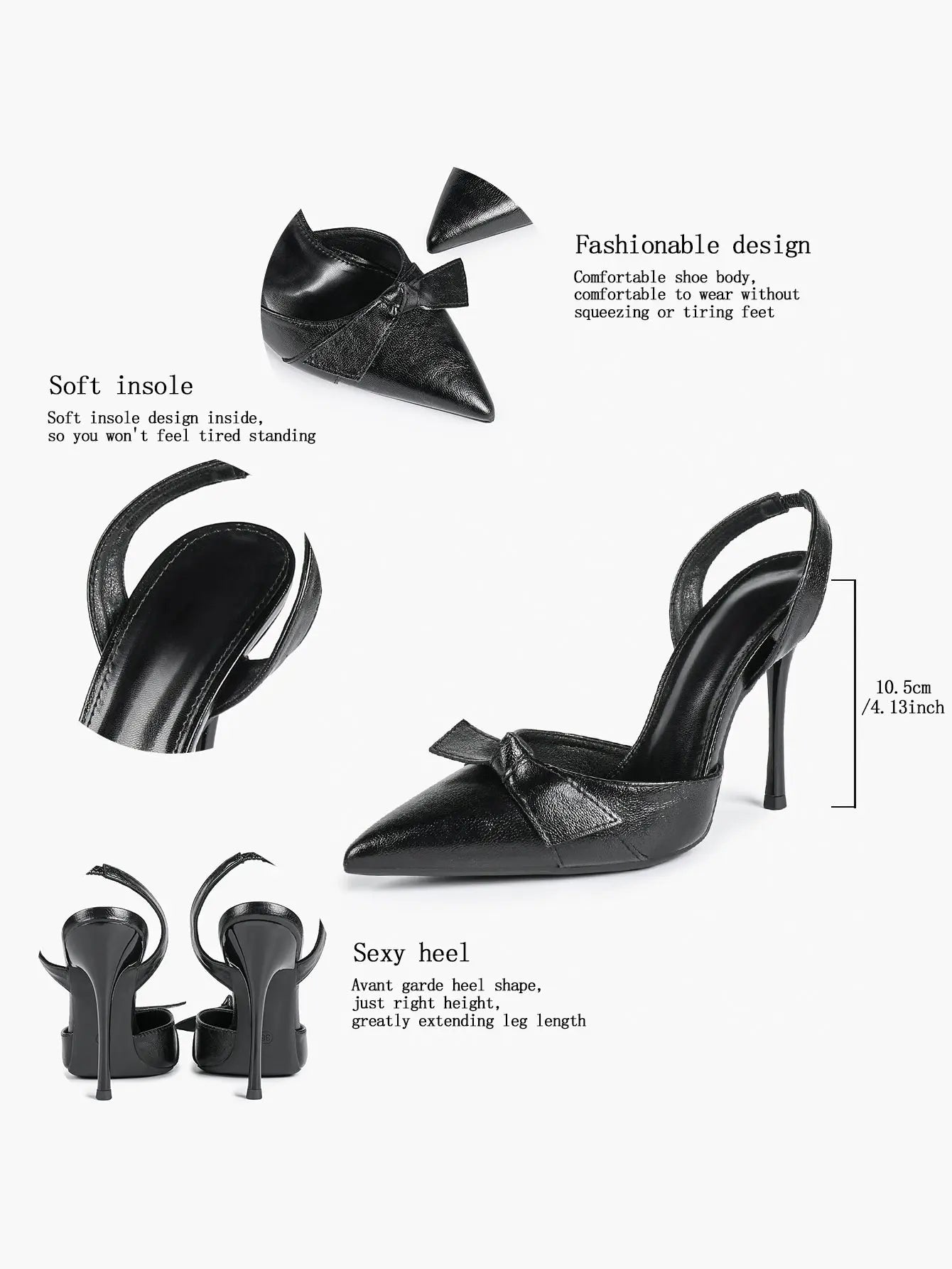 Women's Black Leather High-Heel Sandals Bowknot Pointed Toe Slingback Stiletto Heels YISHIFAN