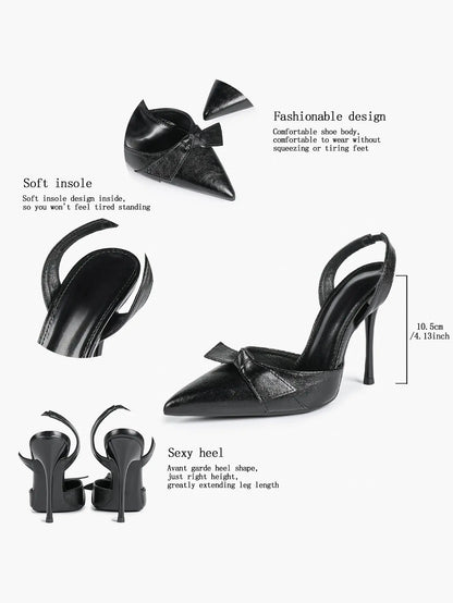 Women's Black Leather High-Heel Sandals Bowknot Pointed Toe Slingback Stiletto Heels YISHIFAN