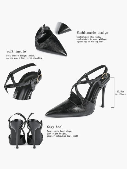 Women's Black High-Heel Sandals Pointed Toe Cross Ankle Strap Stiletto Heels Wedding Party Dress Shoes YISHIFAN