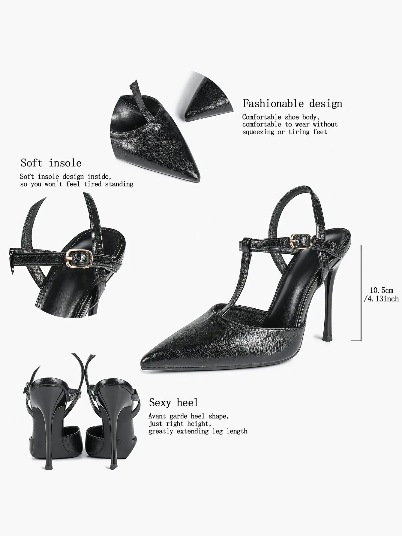 Women's Black Leather T-Strap Stiletto Sandals Pointed Toe 4.13 Inch for Party Office Shoes YISHIFAN