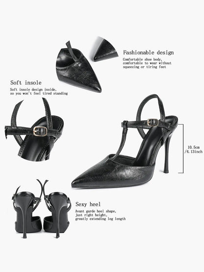 Women's Black Leather T-Strap Stiletto Sandals Pointed Toe 4.13 Inch for Party Office Shoes YISHIFAN