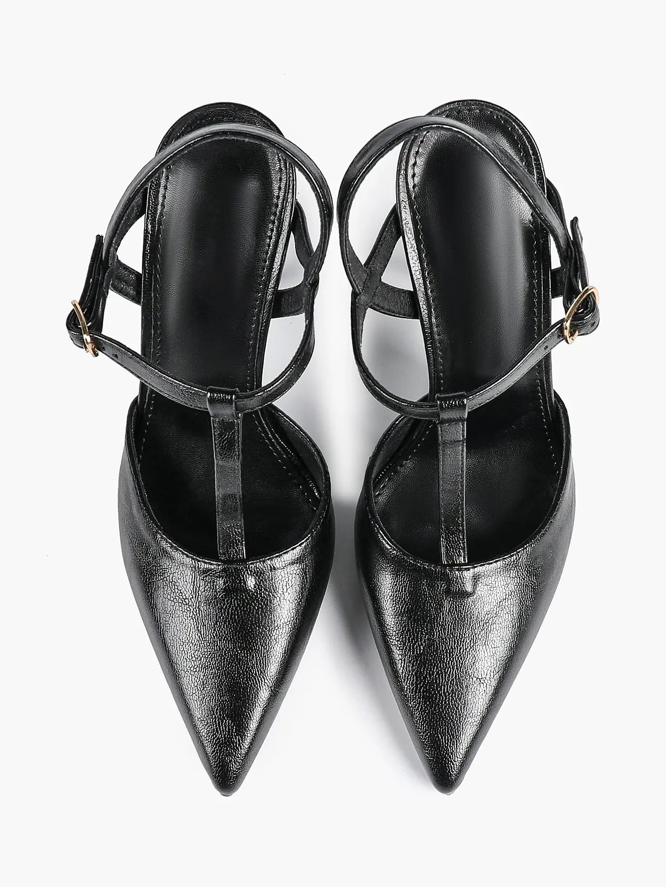 Women's Black Leather T-Strap Stiletto Sandals Pointed Toe 4.13 Inch for Party Office Shoes YISHIFAN