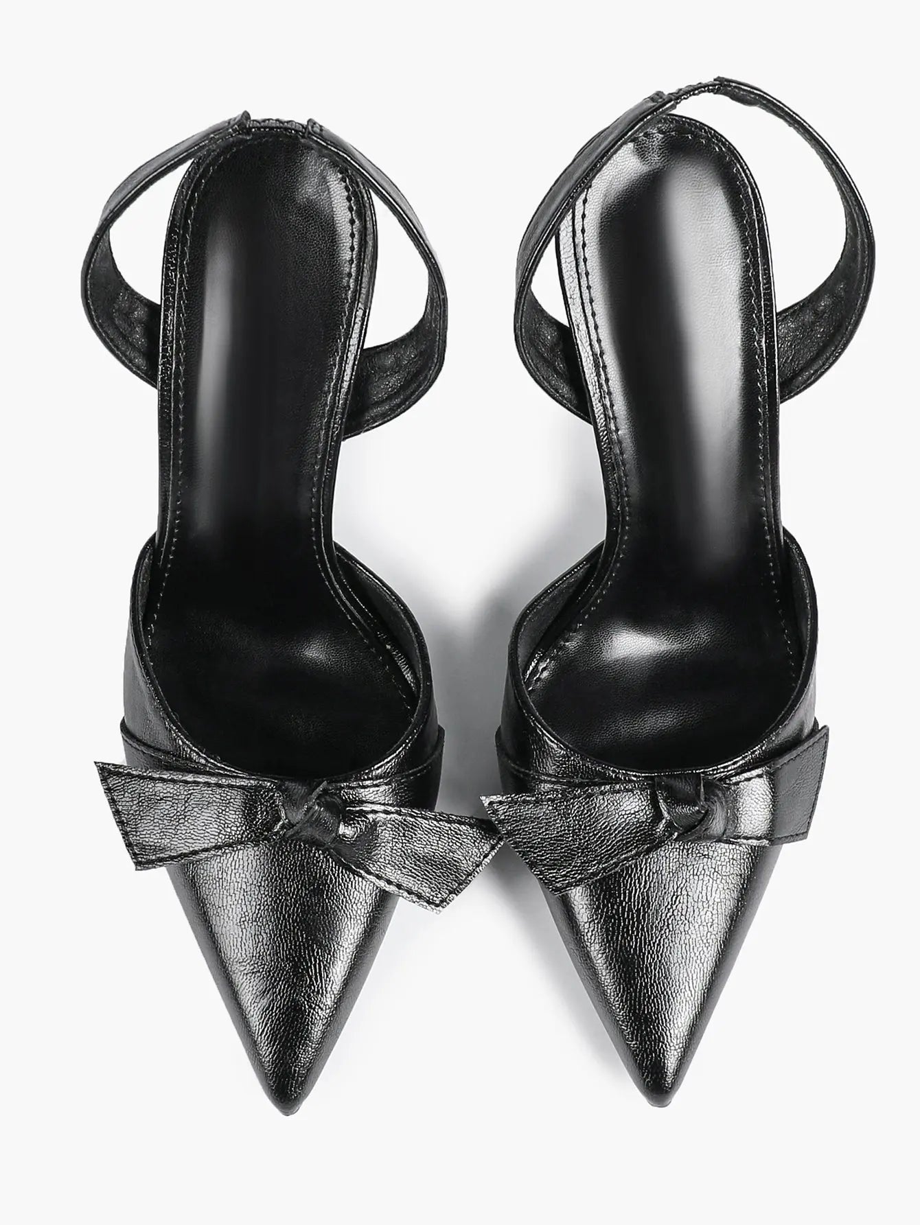 Women's Black Leather High-Heel Sandals Bowknot Pointed Toe Slingback Stiletto Heels YISHIFAN