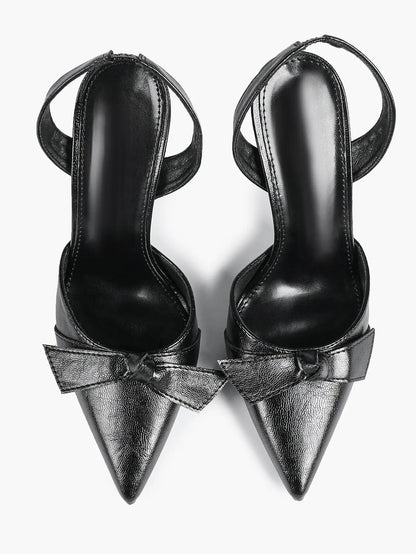 Women's Black Leather High-Heel Sandals Bowknot Pointed Toe Slingback Stiletto Heels YISHIFAN