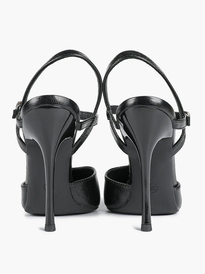 Women's Black Leather T-Strap Stiletto Sandals Pointed Toe 4.13 Inch for Party Office Shoes YISHIFAN