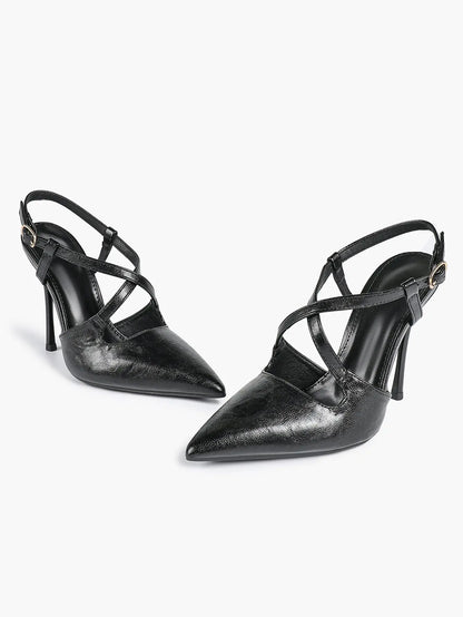 Women's Black High-Heel Sandals Pointed Toe Cross Ankle Strap Stiletto Heels Wedding Party Dress Shoes YISHIFAN